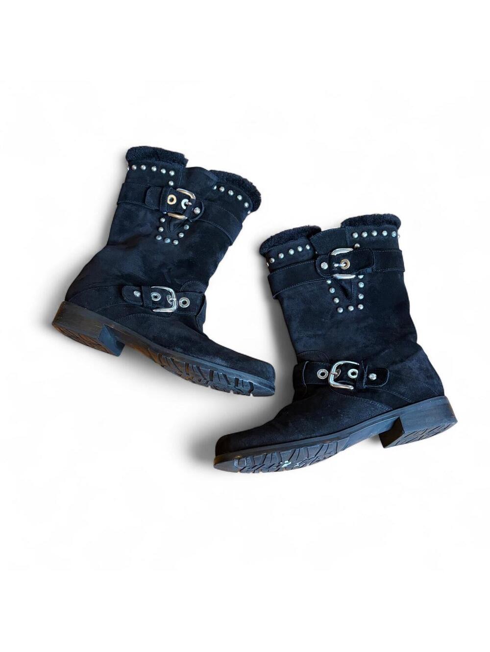 Stuart Weitzman Black Studded Buckle Moto Boots Size 6